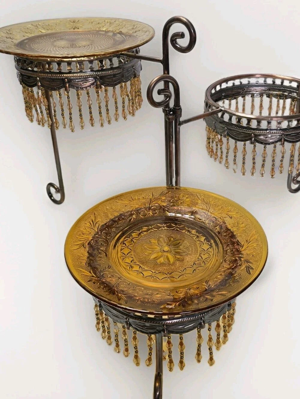 Vintage 3-Tier Metal Dessert Stand Amber Glass Plates Beaded Display Centerpiece